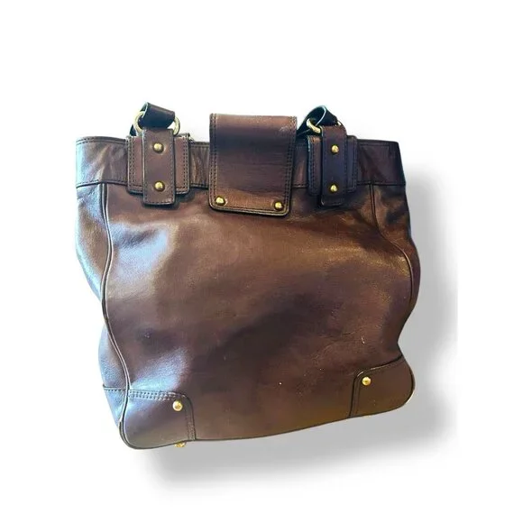 Banana Republic Brown Leather Bucket Tote Shoulder Bag Hobo Brass - Picture 3 of 15